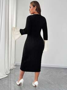 SHEIN Unity Vestido de punto de cuello redondo con mangas abombadas en contraste de color negro y blanco para mujer talla grande, otoño/invierno - Negro - Ver 4