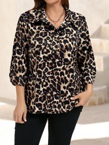 Plus Size Animal Print 3/4 Sleeve Shirt With Button Back Design - Multicolor - View 2