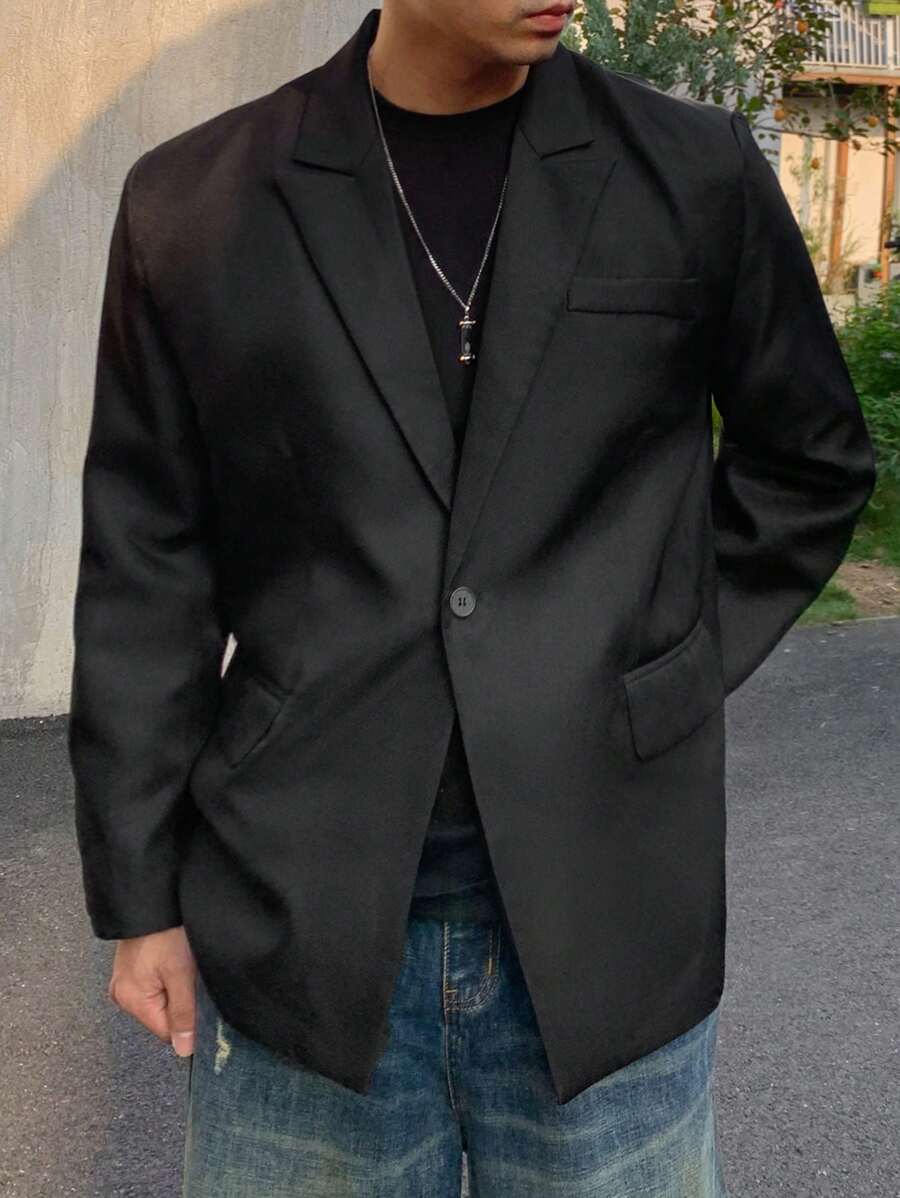 DAZY 1 件男士休闲纯色翻领夹克，秋季服装 - 黑色 - 查看 1