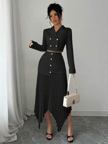 Elenzga Elegant Women 2 Pieces Set With Jacket Collar, Button Closure, Ruched Detail And Asymmetrical Hem Fall Cloth For Women - Black - View 4