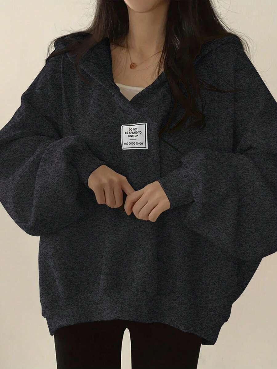 INAWLY 女士休闲字母刺绣连帽衫，秋冬套头衫 - 深灰色 - 查看 1