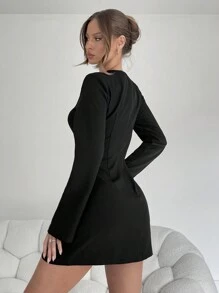 SHEIN Essnce Women's Solid Color Round Neck Bell Sleeve Elegant & Fashionable Mini Dress, Autumn - Black - View 2