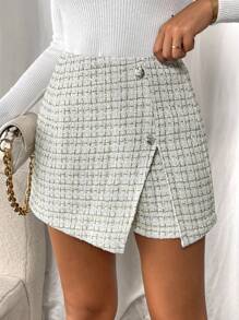 SHEIN Frenchy Shorts elegantes de trabajo con botones y estampado a cuadros para mujer