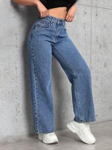 SHEIN PETITE Floral Print Pocketed Casual Straight-Leg Jeans - Blue - View 5