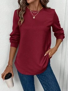 SHEIN LUNE 圆领不对称下摆提花面料女式休闲运动户外保暖运动衫，秋冬款 - 酒紅色 - 查看 4