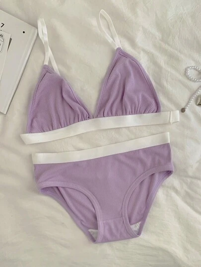 SHEIN 2pcs Teenage Girls Casual V-Neck Colorblock Shoulder Strap Racerback Bra Set With Soft Triangle Underwear Panties