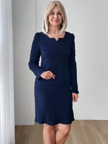 Miaspire Vestido de mujer de otoño con cuello en V con muesca, de tela texturizada azul
