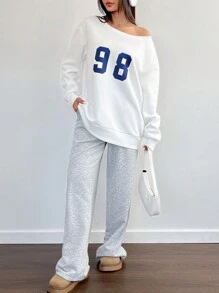 Flirla 女士不对称肩部数字印花休闲落肩套头卫衣，秋季款 - 白色 - 查看 3