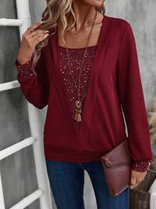 EMERY ROSE Sudadera sencilla de cuello cuadrado y manga larga para mujer, ropa deportiva casual para uso diario