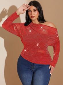 SHEIN BAE Plus Size Fall Women's Asymmetric Neck Flare Sleeve Ruffle Elegant Blouse Spring & Summer Black Shiny Party Mesh Long Sleeve T-Shirt See-Through Tops - Red - View 4