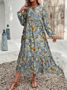EMERY ROSE 女士花卉印花系带荷叶边下摆连衣裙 - 藍色 - 查看 4
