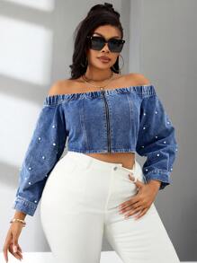 SHEIN SXY Große Größen Lässiges Denim-Top mit Reißverschluss vorne und langen Ärmeln sowie Kunstperlendekor, Off-Shoulder