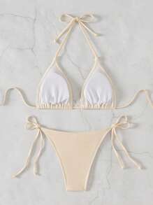 SHEIN Swim Women's Solid Color Lace Trim Seashell Tied Halter Bikini Set Summer