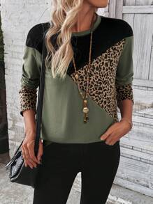 EMERY ROSE Camiseta casual de mujer con estampado de leopardo en bloques de color, otoño