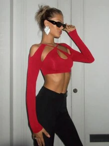 SHEIN ICON 1 件女式纯色长袖镂空休闲上衣 - 酒紅色 - 查看 3