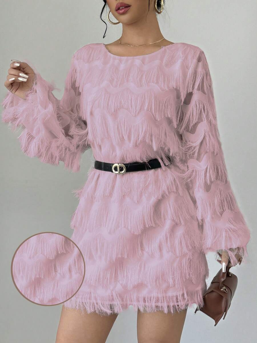 Chiquease 1pc Casual Elegant Long Sleeve Feather Design Shift Dress, Commuter Style, Autumn