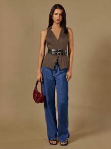 Poéselle 女式纯色无袖 V 领简约休闲衬衫 - 咖啡棕 - 查看 5