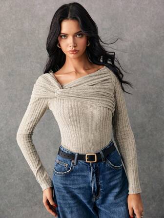 Poéselle 1 件女士优雅纯色扭纹不对称领 T 恤，秋季