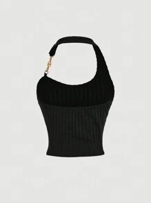 SHEIN MOD Áo ba lỗ cổ yếm cắt ngắn màu đen có điểm nhấn bằng kim loại dành cho nữ, cổ chữ U, áo, áo crop top - màu đen - Xem 2