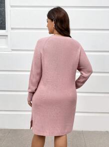 SHEIN LUNE 大码纯色 V 领长袖针织毛衣连衣裙，适合冬季