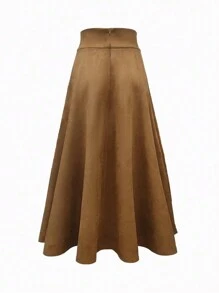 Plus Size Solid Color High Slit Skirt, Casual And Versatile - Brown - View 2