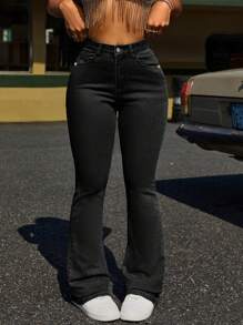 SHEIN PETITE Women Front Button Pocket Simple Denim Jeans, Casual Daily Wear - Black - View 4