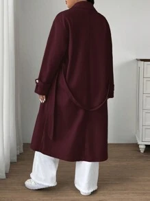 SHEIN EZwear Plus Size Solid Color Double-Breasted Casual Coat, Autumn/Winter Fall - Burgundy - View 2