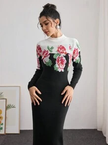 Modelyn 女士花卉印花紧身收腰针织毛衣连衣裙 - 黑色 - 查看 4