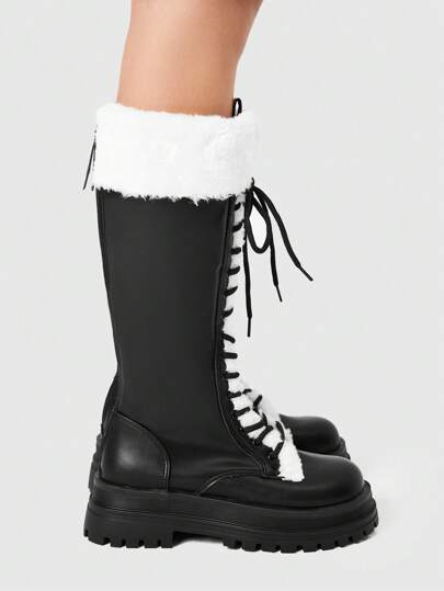 Goth Black Lace-Up Fur-Trimmed Ankle Boots Women Zip Up Riding Knight Boots Thick Heel Goth Mid-Calf Boots For Christmas And New Year Holiday Vibe Fall And Winter