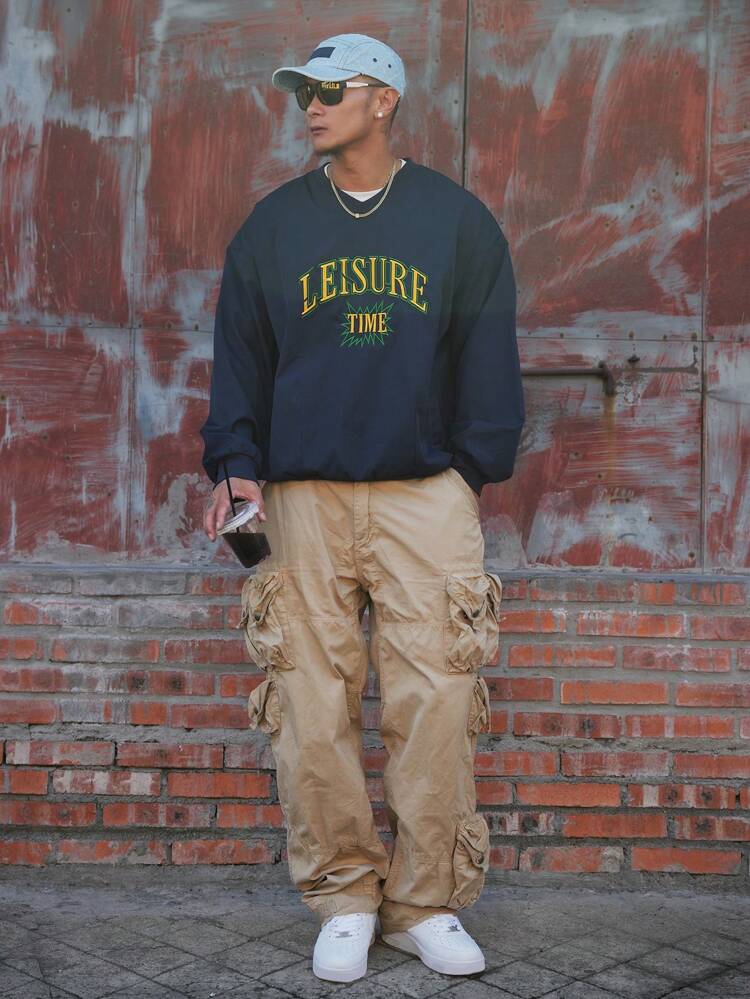 Navy Blue Embroidered Pullover Sweatshirt For Men, Autumn