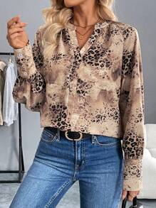 SHEIN Clasi Blusa elegante de mujer con mangas de raglán y volantes con estampado de leopardo, para otoño/invierno - Multicolor - Ver 4