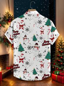 Manfinity Homme 男士休闲日常圣诞老人和雪人印花纽扣短袖衬衫，圣诞节 - 彩色 - 查看 2