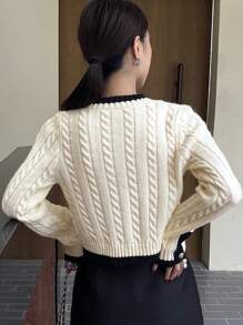 DAZY Women's Elegant Contrast Trim Button Knit Sweater, Autumn - Beige - View 2