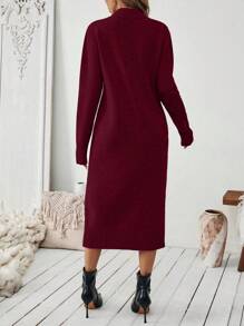 EMERY ROSE Women Solid Color Casual Simple Knitted Sweater Dress For Autumn/Winter Fall Cloth For Women - Burgundy - View 2