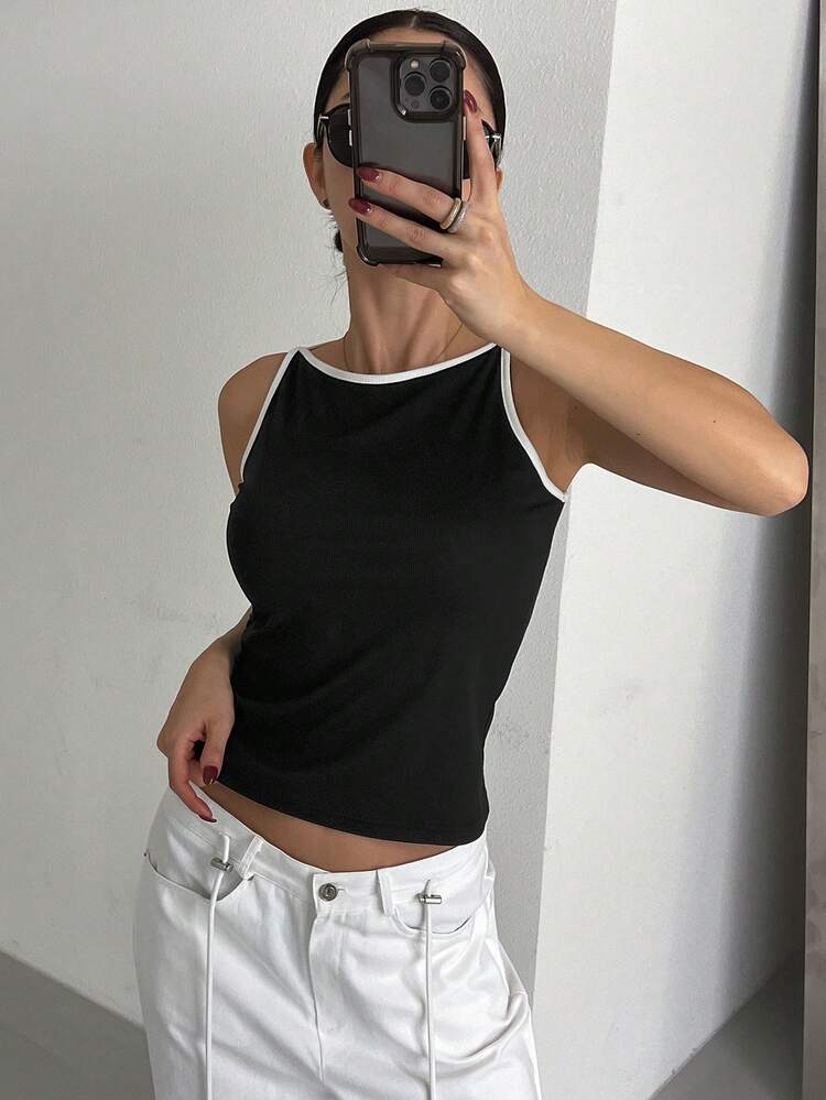 Women's Striped Short Scoop Neck Fitted Tank Top, Spring/Summer