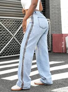 SHEIN Slayr Women Side Leopard Print Ribbon Detail Mid-Waist Straight Leg Jeans - Light Wash - View 2
