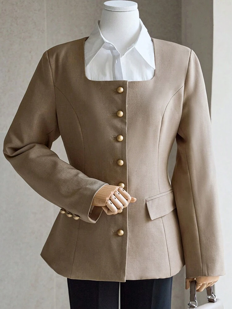 Square Neck Solid Color Necktie For Women's Suit Jacket Women Blazers, Fall Clothes Business Attire
