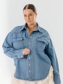Aralina Curve Button-Up Plus Size Casual Western Style Denim Shirt - Medium Wash - View 8