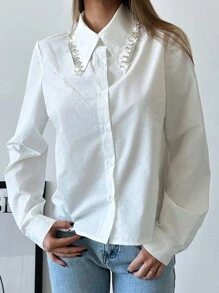 Aloruh 女士白色水钻链条衬衫，适合派对、圣诞节和万圣节 - 白色 - 查看 5