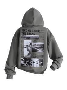 2 piezas Conjunto informal para niña preadolescente con sudadera con capucha oversize con estampado de letra de paisaje y pantalones cargo con acento de lazo. Ropa adecuada para otoño/invierno, estilo deportivo y urbano