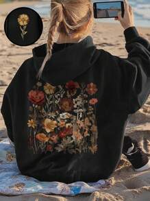 INAWLY 休闲复古花卉印花宽松连帽运动衫 - 黑色 - 查看 1