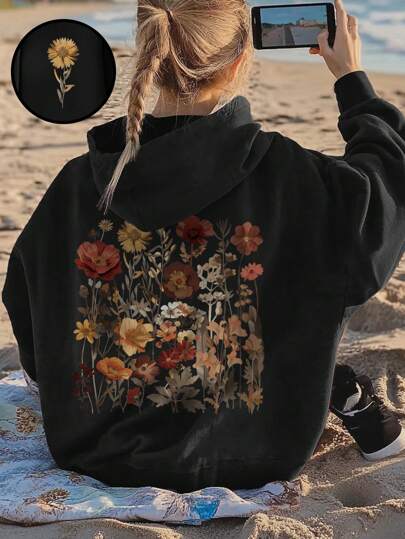 INAWLY Casual Vintage Floral Print Loose Fit Hoodie Sweatshirt Graduation,Back To School Outfits,Graduation,Teacher Outfits For Women,Back To School Pullover Fall Outfit