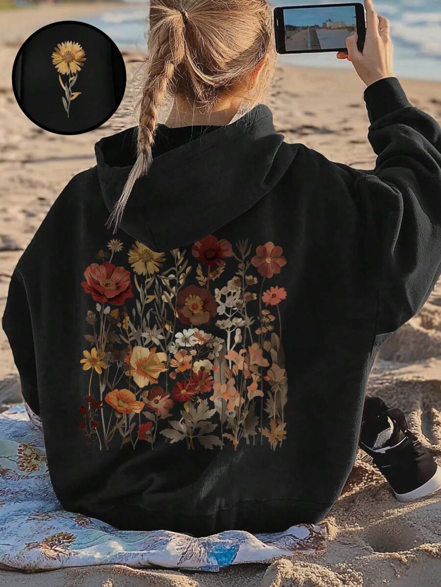 INAWLY 休闲复古花卉印花宽松连帽运动衫 - 黑色 - 查看 1