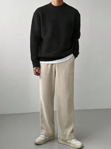 DAZY Áo len cổ tròn màu trơn dành cho nam, trang phục thường ngày, thu/đông, phong cách grunge - màu đen - Xem 5