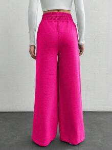 Cottnline Cotton Petite Drawstring Waist Wide Leg Pants - Hot Pink - View 2