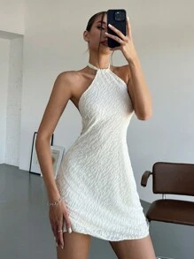 SHEIN EZwear Spring/Summer White Textured Halter Neck Backless A-Line Mini Dress - White - View 7
