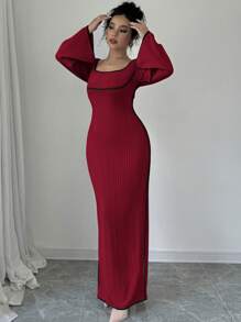 Firerie Women's Contrast Color Tie Strap Square Neck Flared Sleeve Split Hem Dress, Apricot - Burgundy - View 3