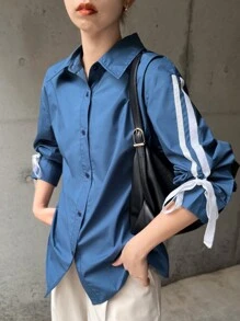 FRIFUL Women Solid Color Patchwork Front Button Long Sleeve Casual Blouse