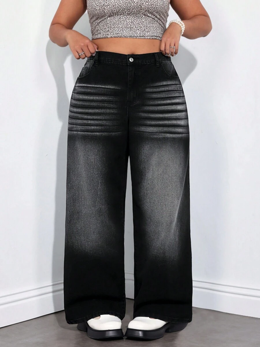 SHEIN ICON Straight-Leg Non-Stretch Washed Vintage Denim Jeans, Street Fashion - Black - View 1