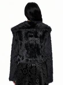 ROMWE Goth Áo khoác Y2K Party Teddy Crop có cổ lông dành cho nữ, dáng vừa vặn, màu đen - màu đen - Xem 2
